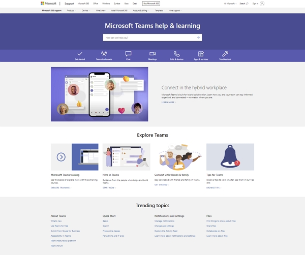 Screenshot of Microsoft TEams help and learning web site