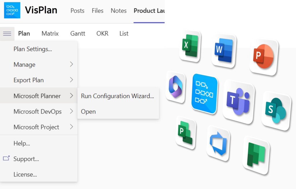VisPlan menu-Microsoft planner, Microsoft DevOps, Microsoft Project connections